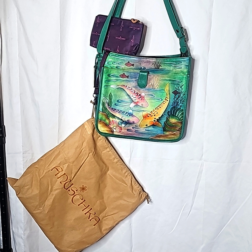 Anuschka handpainted  koi Fish Cross body bag with dust bag and makeup pouch.